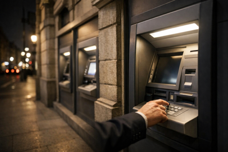A row of illuminated ATM machines at night beside a grand bank facade in a major capital city