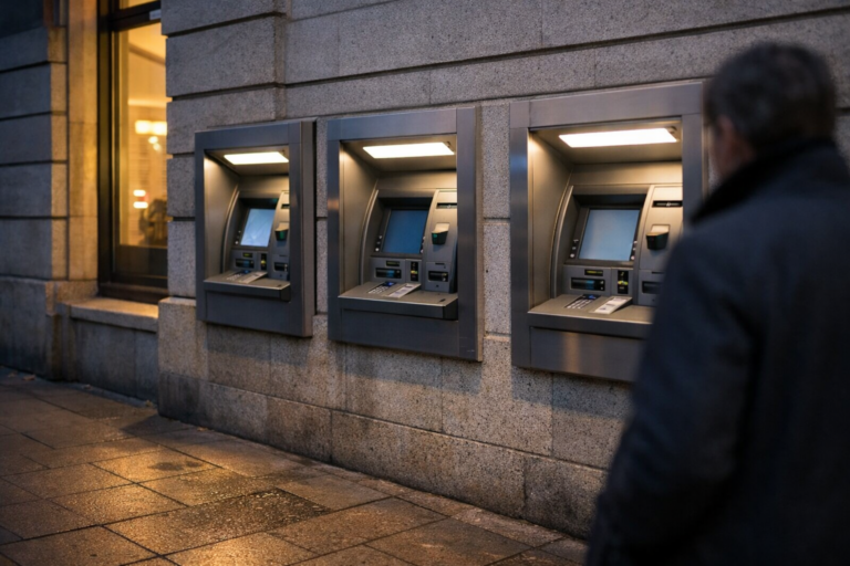 A row of European bank ATMs on a quiet city street at dusk