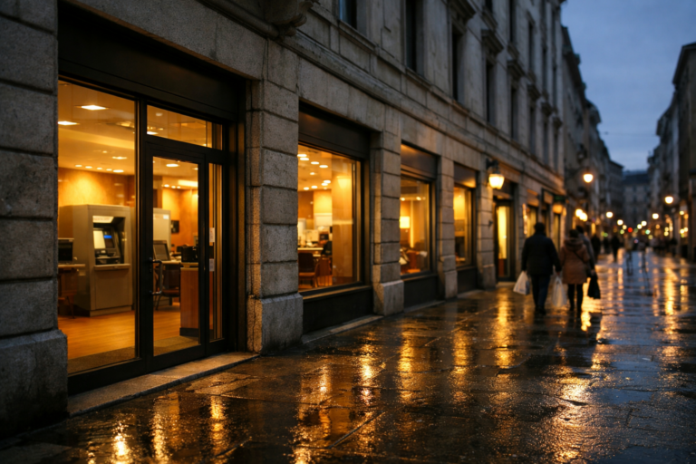 A row of bank branch facades on a European high street at dusk, illustrating bank branches per capita