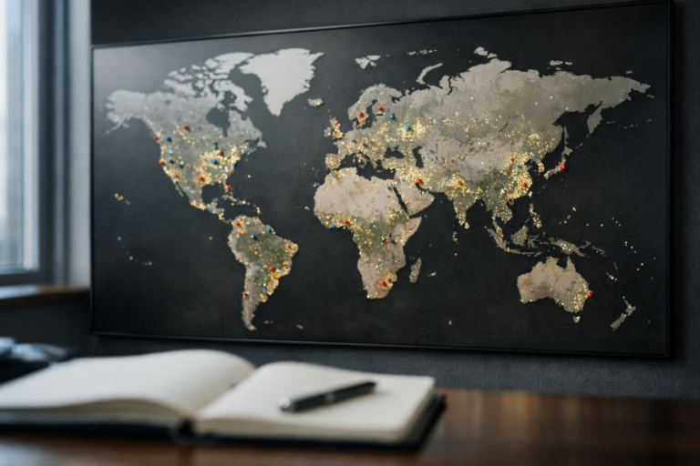 A world map overlaid with data points representing bank branches and ATMs worldwide