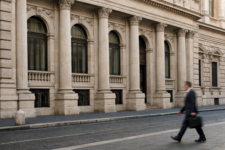A bank facade in central Rome under soft daylight, symbolising Italy's annual banking policy meeting