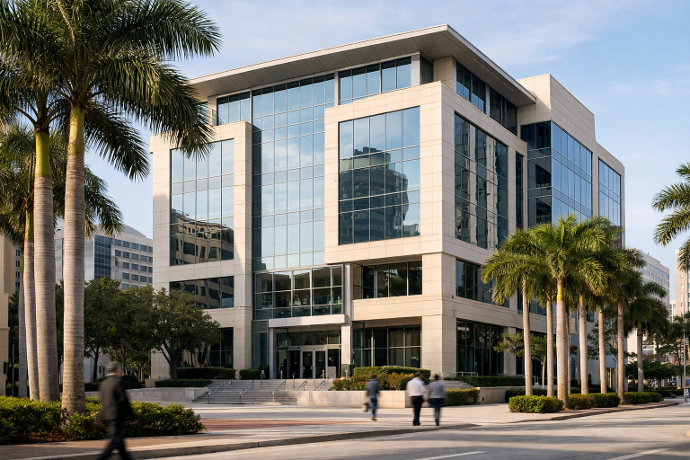 A modern bank headquarters facade in a Florida financial district, symbolising a mid-sized US bank with Latin American cross-border operations