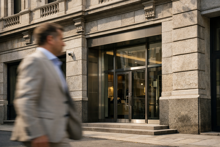The facade of an Italian private bank building in a Milan financial district on a bright summer day
