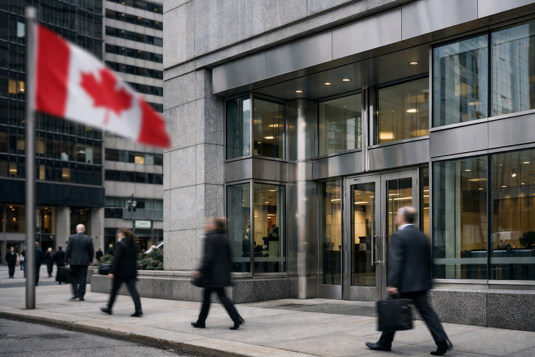 A modern Canadian bank branch facade in a downtown financial district under natural daylight