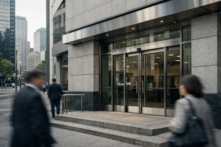 Exterior of a Canadian bank branch on a downtown street, illustrating monetary policy coverage