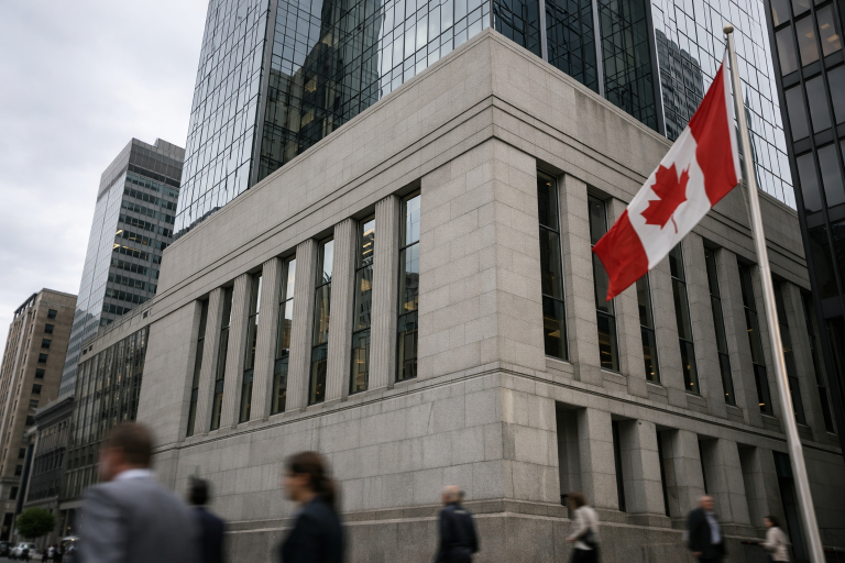 A Canadian bank facade in a financial district, illustrating the Bank of Canada July 2026 rate decision coverage