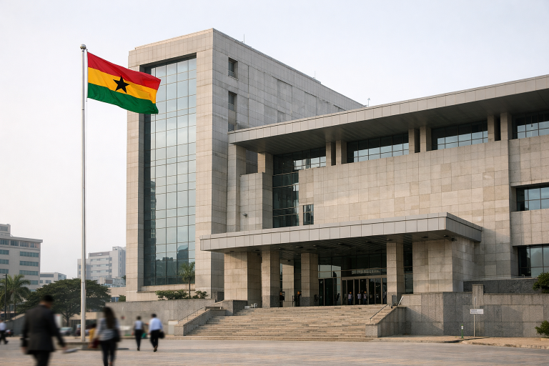 Exterior view of a central bank building in Accra, Ghana, representing the Bank of Ghana monetary policy decision