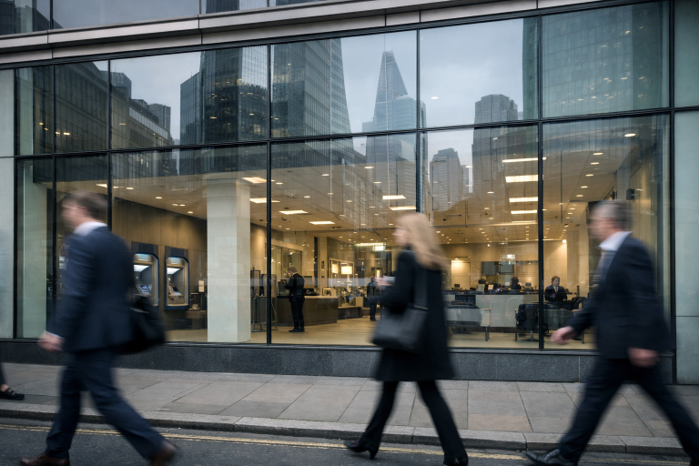 A Barclays bank branch facade on a UK high street with pedestrians walking past