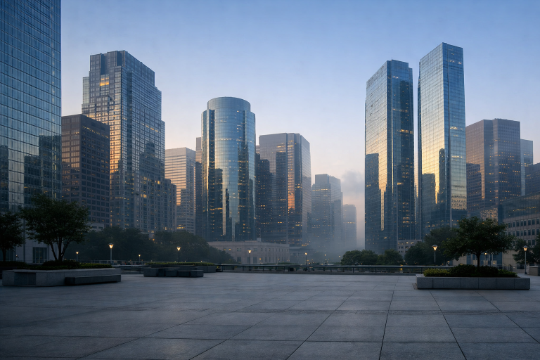 A row of glass skyscrapers in a US financial district at dawn, representing major bank earnings reporting day