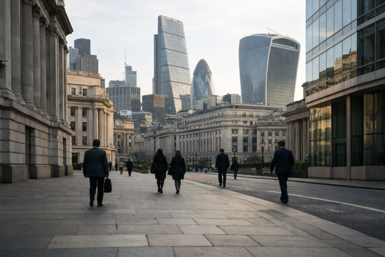 The exterior of a major financial market infrastructure building in the City of London on a bright day