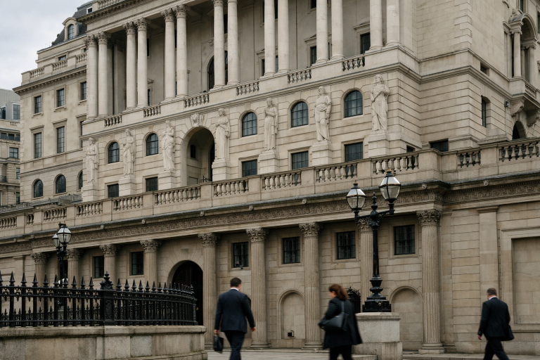 The Bank of England building facade in the City of London under overcast skies