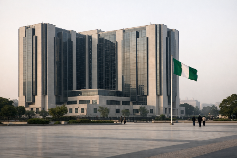 A modern central bank building in Nigeria's capital under natural daylight, symbolising a monetary policy rate decision