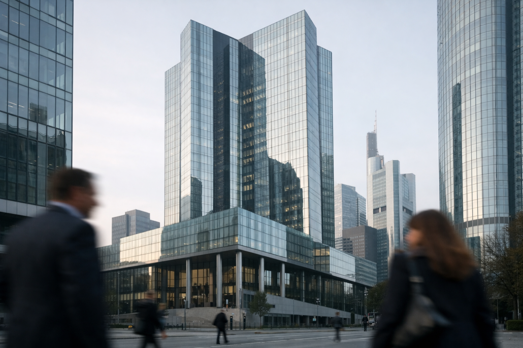 Exterior of a European bank building in Frankfurt's financial district under soft daylight – ECB July 23 rate decision