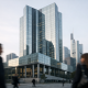 Exterior of a European bank building in Frankfurt's financial district under soft daylight