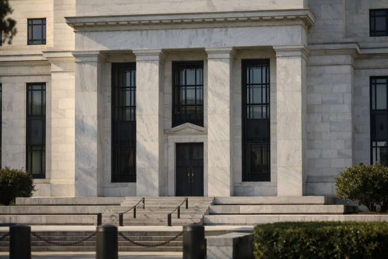 The Federal Reserve building facade in Washington under natural daylight, symbolising a US interest-rate decision