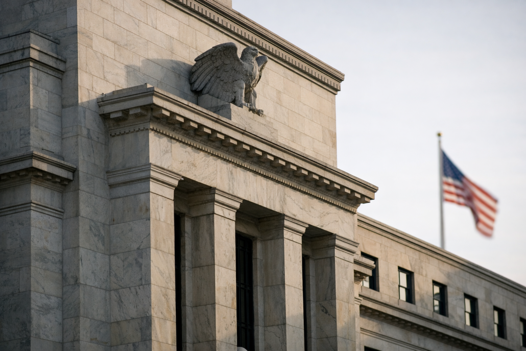 Fed Publishes OppFi Bank-Holding-Co Application in Federal Register – OppFi bank holding company application The marble facade of a Federal Reserve building under a clear sky, symbolising formal banking regulatory review – OppFi bank holding company application