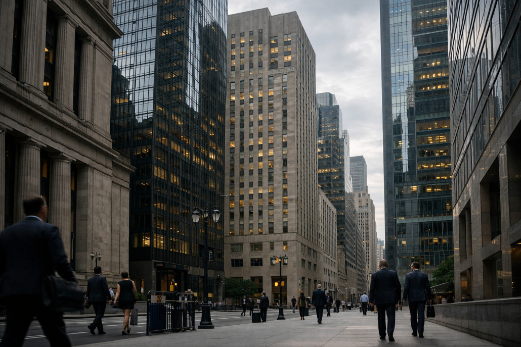 A row of large US bank headquarters facades in a financial district at morning – Q2 2026 bank earnings