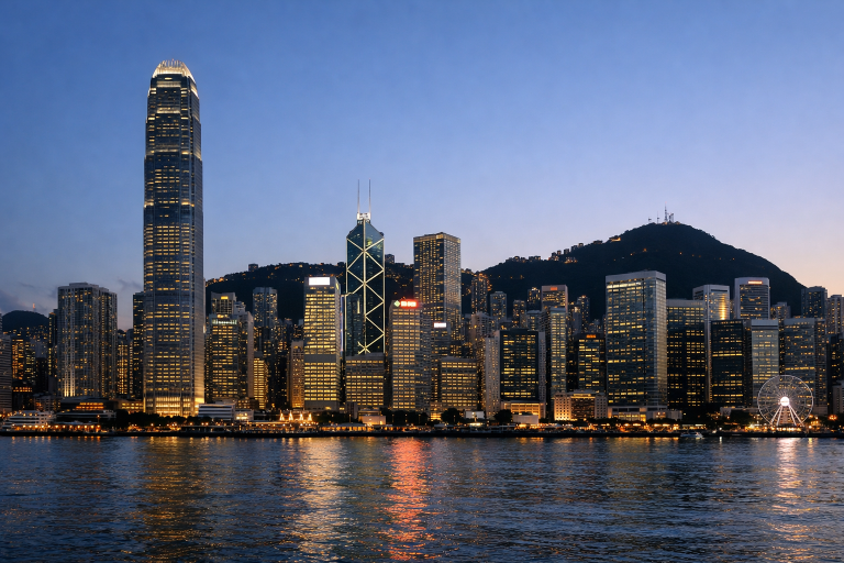 The Hong Kong financial district skyline at dusk, illustrating the city's currency peg to the US dollar