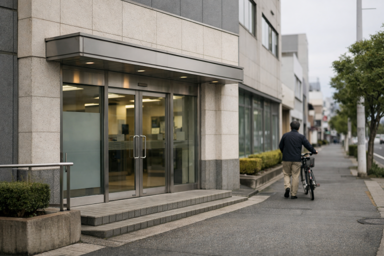 A regional bank branch facade in a Japanese city street, representing consolidation among Shikoku lenders