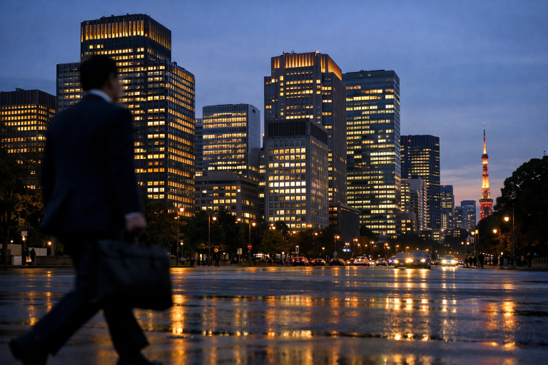 Tokyo financial district skyline representing Japanese government bond and pension fund policy