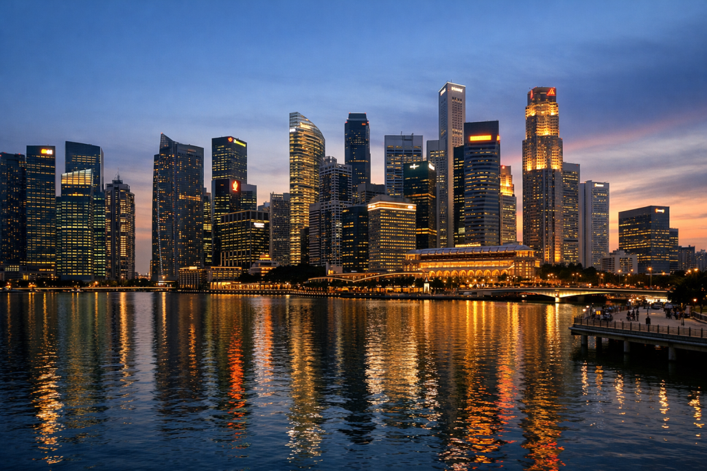 Singapore financial district skyline at dusk with bank towers along the Marina Bay waterfront – Singapore June 2026 CPI
