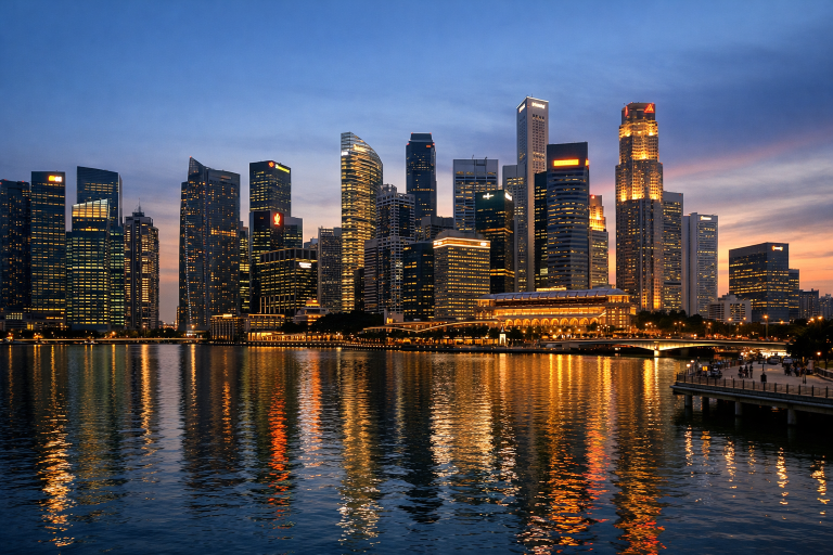 Singapore financial district skyline at dusk with bank towers along the Marina Bay waterfront