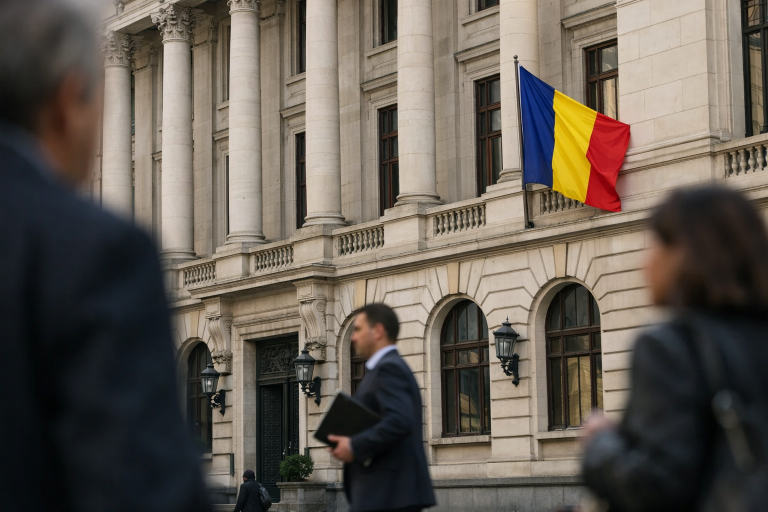 The facade of a central bank building in Bucharest with the Romanian flag