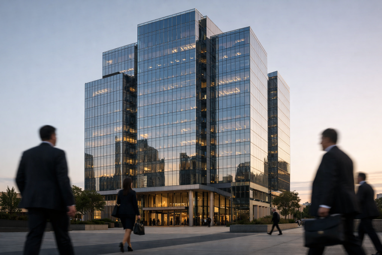 Modern glass office tower housing a major digital bank's financial headquarters at dusk