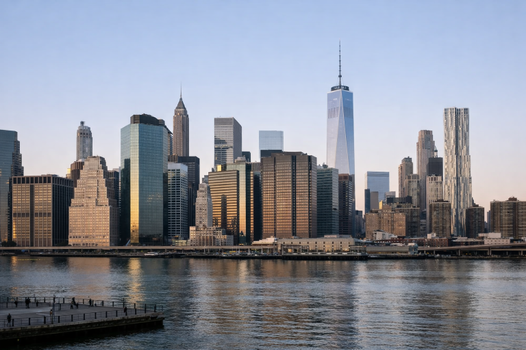 Lower Manhattan skyline showing the financial district where major New York banks are headquartered