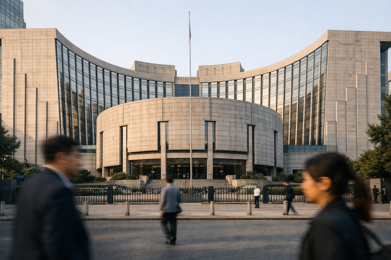 A modern bank facade in a Chinese financial district under soft daylight