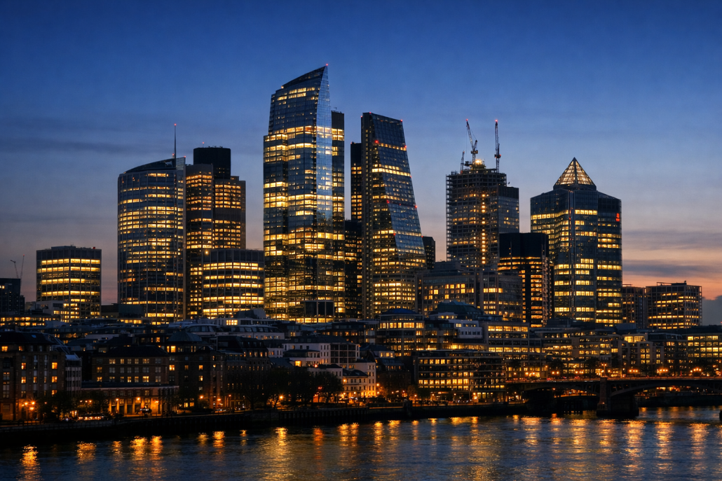 PRA Probes London Prime Brokers' Asian AI-Stock Exposure – PRA prime broker review The financial district skyline of London at dusk with illuminated office towers housing global investment banks – PRA prime broker review