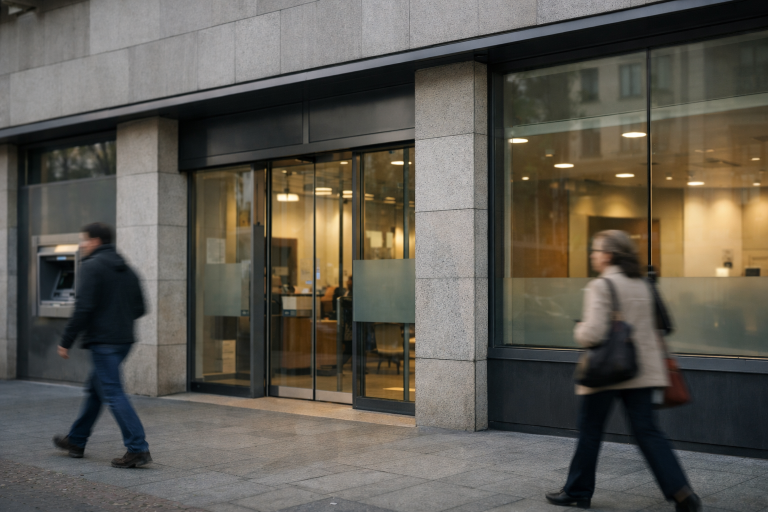 A modern Spanish bank branch facade in a European city, symbolising retail banking compliance and AML enforcement