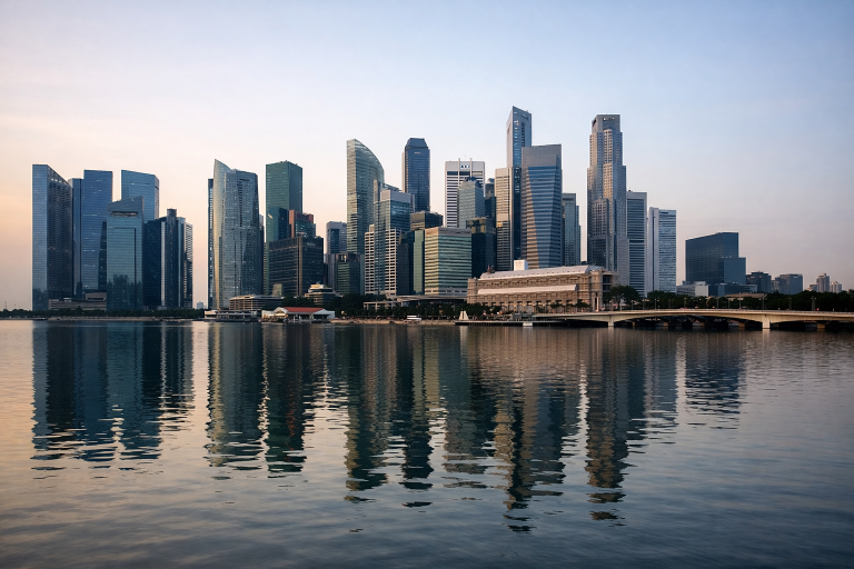 Singapore financial district skyline at dawn with banking towers