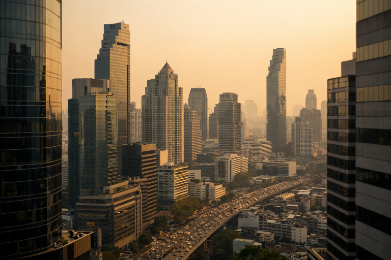 A view of a financial district skyline in Bangkok representing Thailand's sovereign borrowing programme