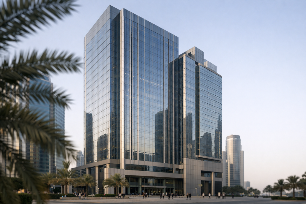 Bank facade in Dubai financial district representing UAE mid-tier banking earnings – United Arab Bank H1 2026 profit