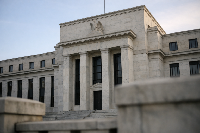 The Federal Reserve building facade in Washington, D.C., photographed at eye level under natural light