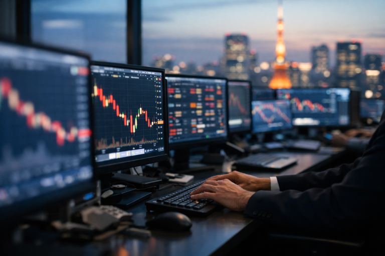 Currency trading screens showing a weakening Japanese yen against the US dollar