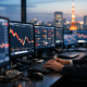 Currency trading screens showing a weakening Japanese yen against the US dollar