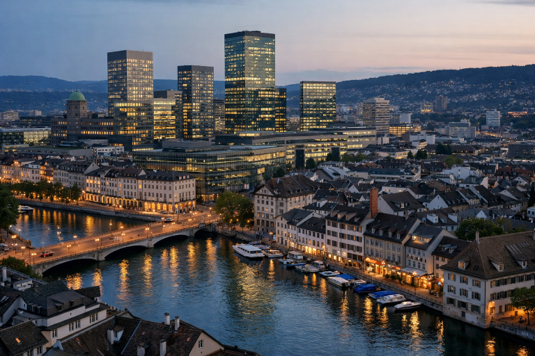 The financial district skyline of Zürich, home to Zürcher Kantonalbank, at dusk
