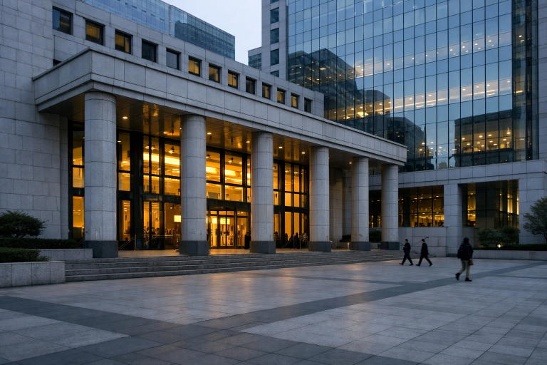 The Bank of Korea headquarters building in Seoul reflecting monetary policy decisions