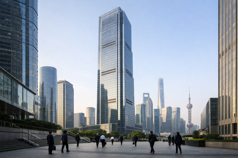 A modern bank headquarters tower in the Shanghai financial district under soft daylight
