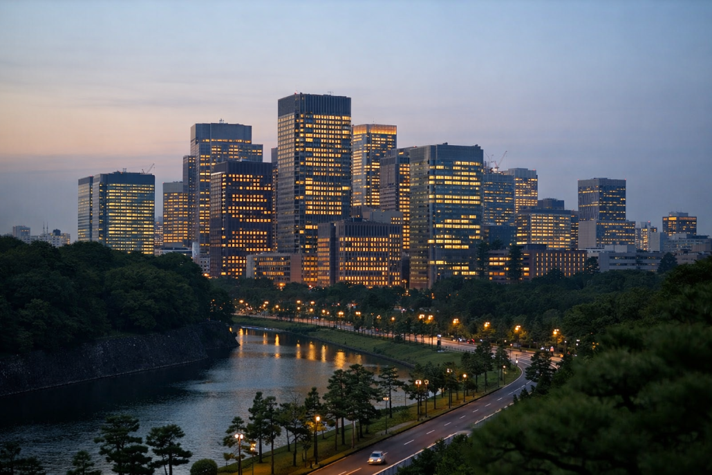 A quiet Tokyo financial district skyline at dusk representing the Bank of Japan's July 2026 rate decision – BOJ interest rate decision July 2026