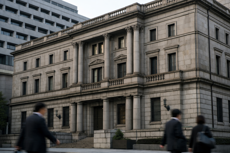 Bank of Japan headquarters building seen from street level under natural daylight