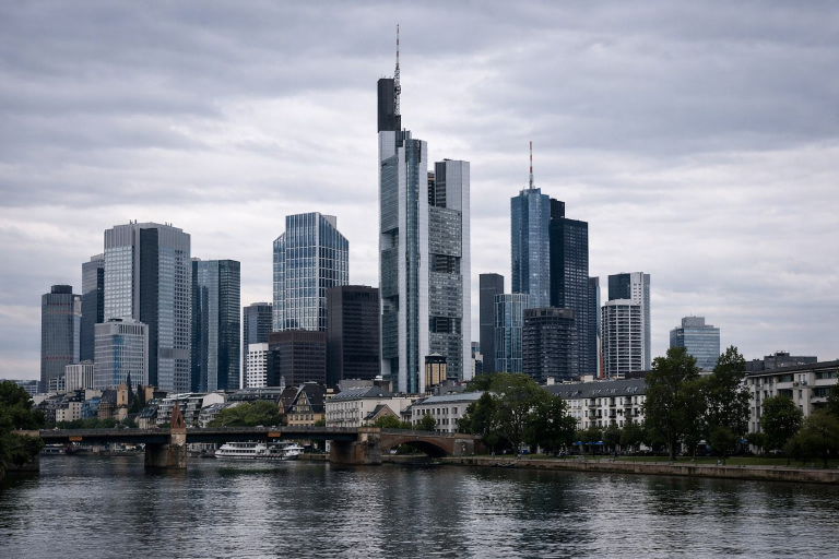 The Frankfurt financial district skyline with commercial bank towers under soft daylight