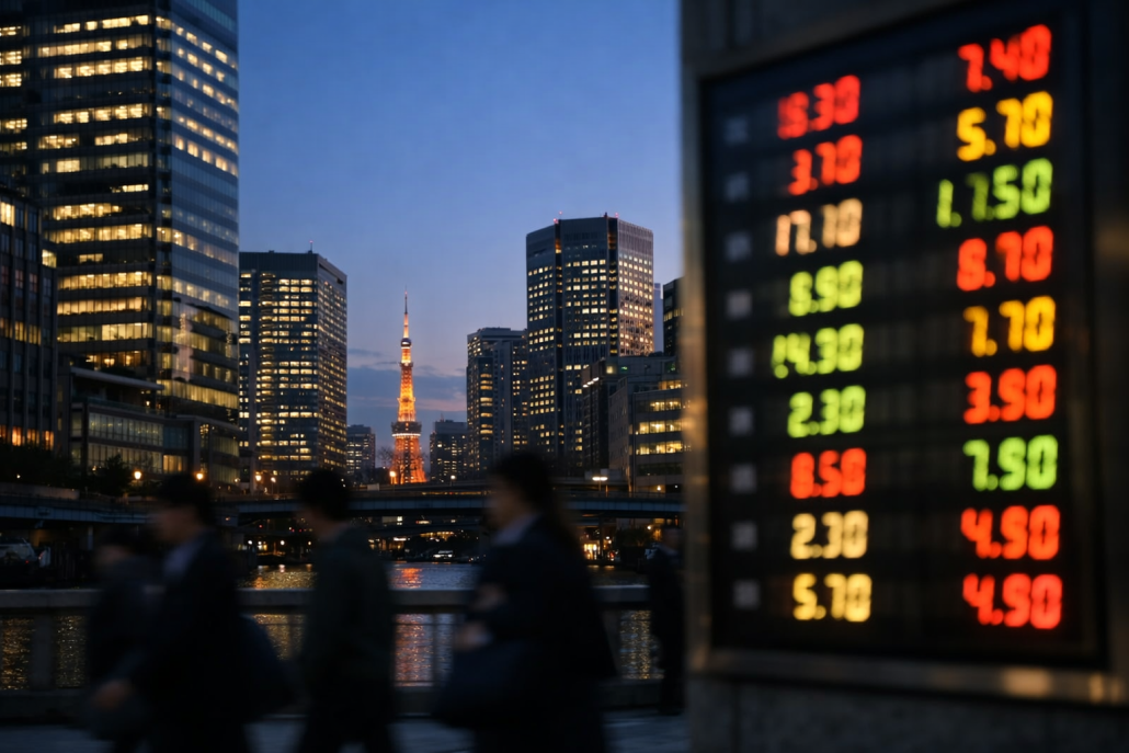 Tokyo financial district skyline at dusk representing Japan US joint yen intervention