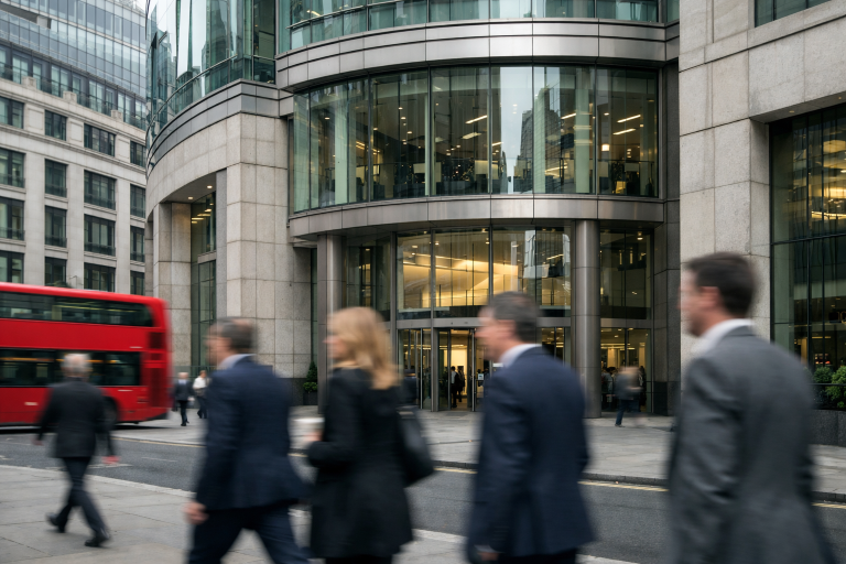 A London bank headquarters facade in the City financial district on an overcast afternoon