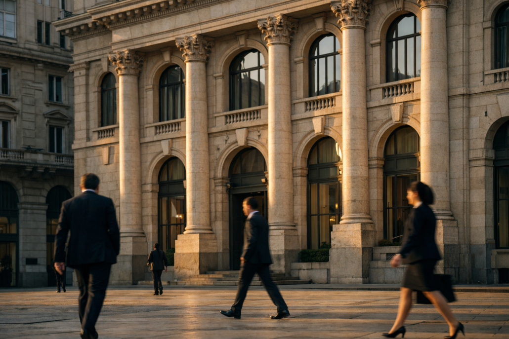 MPS launches €34bn twin bids for Banco BPM & Banca Generali – MPS twin bids Banco BPM Banca Generali A historic Italian bank facade in a financial district, symbolising a major M&A move – MPS twin bids Banco BPM Banca Generali