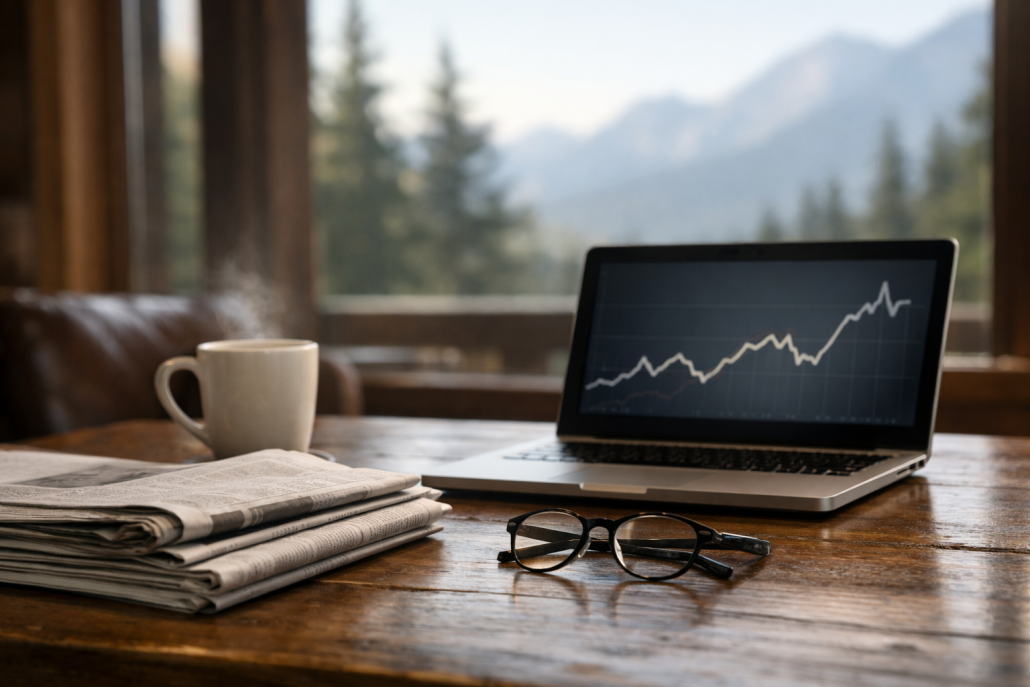 Warsh Delivers Inaugural Jackson Hole Keynote as Fed Chair – Warsh Jackson Hole keynote A mountain resort conference venue in Jackson Hole, Wyoming, with financial newspapers and a laptop showing bond yield charts – Warsh Jackson Hole keynote