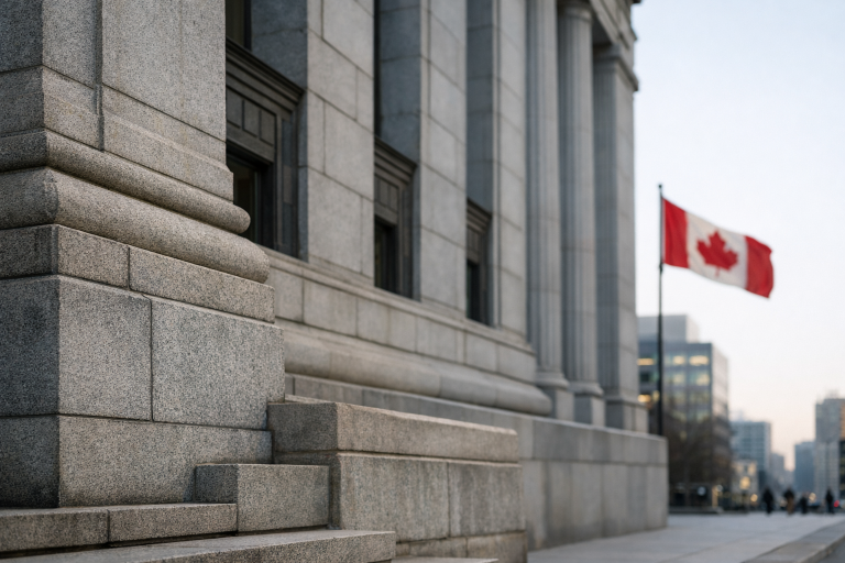 Exterior of a Canadian bank building with the national flag, representing a Bank of Canada interest rate decision
