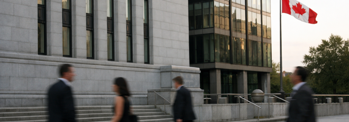 Exterior of a Canadian central bank building with national flag under natural daylight